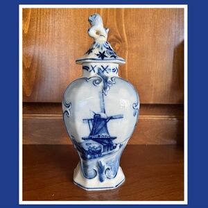 DELFT Porcelain Jar Windmill Scene and Floral Detail on back Finial 20th century